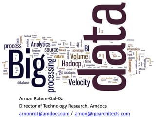 Arnon Rotem-Gal-Oz
Director of Technology Research, Amdocs
arnonrot@amdocs.com / arnon@rgoarchitects.com
 