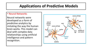 Applications of Predictive Models
• Neural Networks
Neural networks were
developed as a form of
predictive analytics by
imitating the way the human
brain works. This model can
deal with complex data
relationships using artificial
intelligence and pattern
recognition.
 