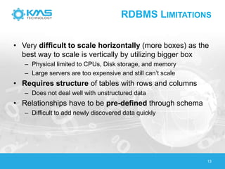 RDBMS LIMITATIONS
• Very difficult to scale horizontally (more boxes) as the
best way to scale is vertically by utilizing bigger box
– Physical limited to CPUs, Disk storage, and memory
– Large servers are too expensive and still can’t scale
• Requires structure of tables with rows and columns
– Does not deal well with unstructured data
• Relationships have to be pre-defined through schema
– Difficult to add newly discovered data quickly
13
 