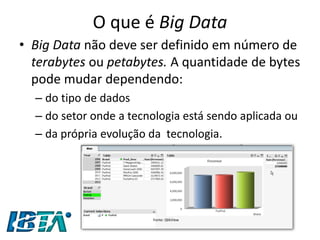 O que é Big Data 
•Big Data não deve ser definido em número de terabytes ou petabytes. A quantidade de bytes pode mudar dependendo: 
–do tipo de dados 
–do setor onde a tecnologia está sendo aplicada ou 
–da própria evolução da tecnologia. 
Fonte: QlikView  