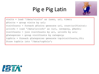 Pig e Pig Latin 
visits = load '/data/visits' as (user, url, time); 
gVisits = group visits by url; 
visitCounts = foreach gVìsits generate urI, count(urlVisits); 
urllnfo = load '/data/urllnfo' as (url, category, pRank); 
visitCounts = join visitCounts by url, urlinfo by url; 
gCategonies = group visitCounts by category; 
topUrls = foreach gCategonies generate top(visitCounts,10); 
Store topUrls into '/data/topUrls';  