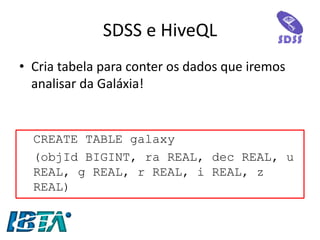SDSS e HiveQL 
•Cria tabela para conter os dados que iremos analisar da Galáxia! 
CREATE TABLE galaxy 
(objId BIGINT, ra REAL, dec REAL, u REAL, g REAL, r REAL, i REAL, z REAL)  