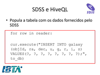 •Popula a tabela com os dados fornecidos pelo SDSS 
SDSS e HiveQL 
for row in reader: 
cur.execute("INSERT INTO galaxy (objId, ra, dec, u, g, r, i, z) VALUES(?, ?, ?, ?, ?, ?, ?, ?);", to_db)  