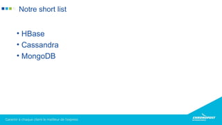 • HBase
• Cassandra
• MongoDB
Notre short list
 
