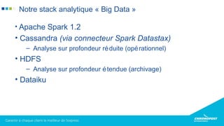 • Apache Spark 1.2
• Cassandra (via connecteur Spark Datastax)
– Analyse sur profondeur réduite (opérationnel)
• HDFS
– Analyse sur profondeur étendue (archivage)
• Dataiku
Notre stack analytique « Big Data »
 