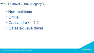 • Non maintenu
• Limité
• Cassandra <= 1.2
• Datastax Java driver
Le driver JDBC « legacy »
 
