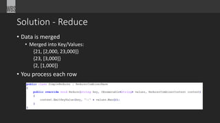 Solution - Reduce 
• Data is merged 
• Merged into Key/Values: 
{21, [2,000, 23,000]} 
{23, [3,000]} 
{2, [1,000]} 
• You process each row 
 