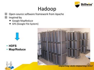 Hadoop
 Open-source software framework from Apache
 Inspired by
 Google MapReduce
 GFS (Google File System)
 HDFS
 Map/Reduce
 