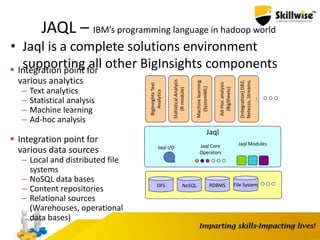 JAQL – IBM’s programming language in hadoop world
• Jaql is a complete solutions environment
supporting all other BigInsights components Integration point for
various analytics
– Text analytics
– Statistical analysis
– Machine learning
– Ad-hoc analysis
 Integration point for
various data sources
– Local and distributed file
systems
– NoSQL data bases
– Content repositories
– Relational sources
(Warehouses, operational
data bases)
BigInsightsText
Analytics
StatisticalAnalysis
(Rmodule)
Machinelearning
(SystemML)
Ad-Hocanalysis
(BigSheets)
(Integration)DB2,
Netezza,Streams,
…
Jaql
Jaql I/O Jaql Core
Operators
Jaql Modules
DFS NoSQL RDBMS File System
 