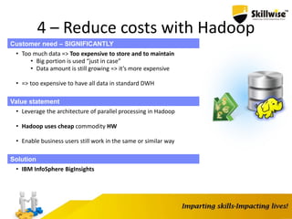 4 – Reduce costs with Hadoop
Customer need – SIGNIFICANTLY
• Too much data => Too expensive to store and to maintain
• Big portion is used “just in case”
• Data amount is still growing => it’s more expensive
• => too expensive to have all data in standard DWH
Value statement
• Leverage the architecture of parallel processing in Hadoop
• Hadoop uses cheap commodity HW
• Enable business users still work in the same or similar way
Solution
• IBM InfoSphere BigInsights
 