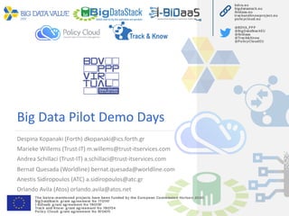 Big Data Pilot Demo Days
Despina Kopanaki (Forth) dkopanaki@ics.forth.gr
Marieke Willems (Trust-IT) m.willems@trust-itservices.com
Andrea Schillaci (Trust-IT) a.schillaci@trust-itservices.com
Bernat Quesada (Worldline) bernat.quesada@worldline.com
Anestis Sidiropoulos (ATC) a.sidiropoulos@atc.gr
Orlando Avila (Atos) orlando.avila@atos.net
 