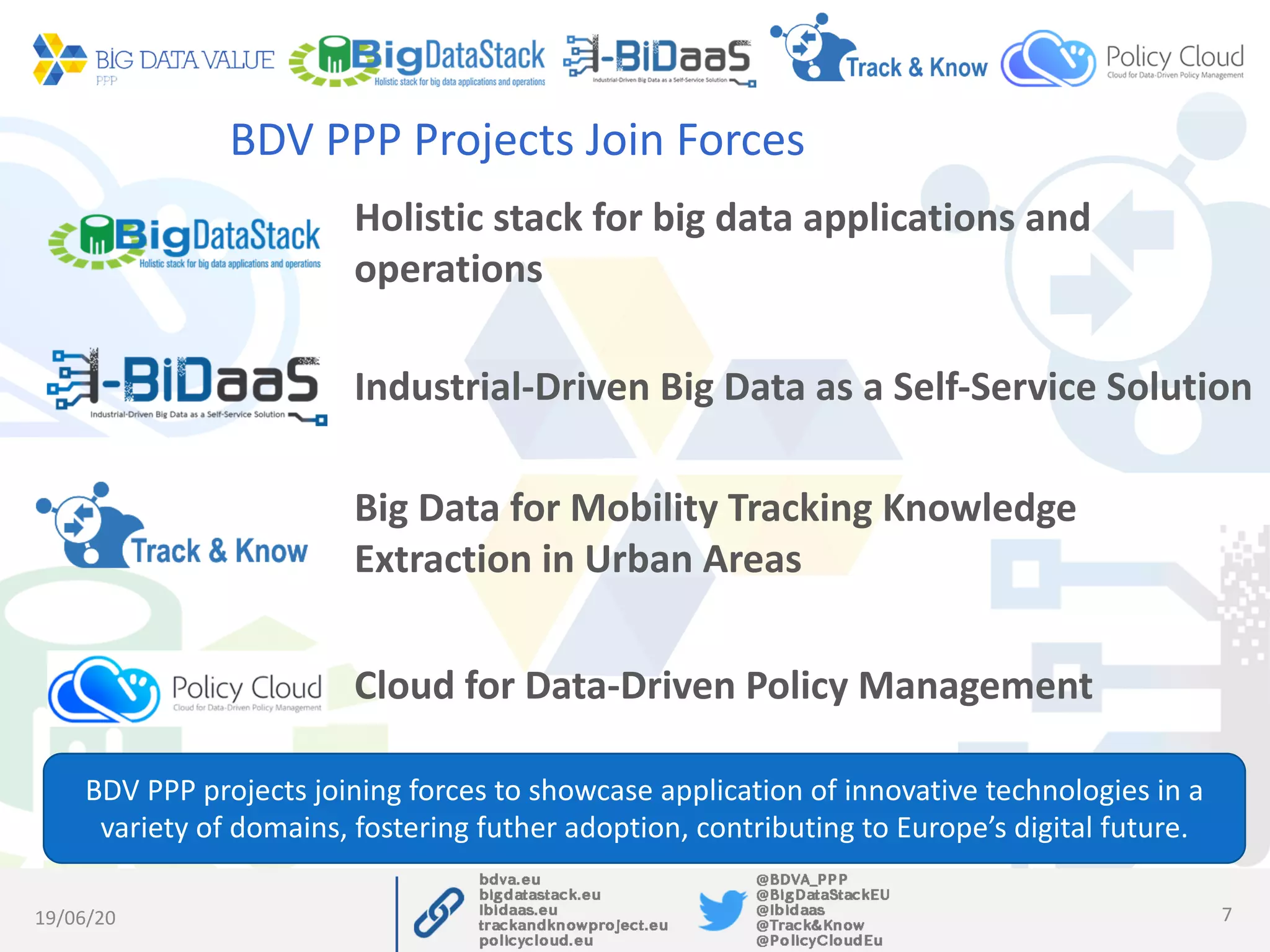 BDV PPP Projects Join Forces
19/06/20 7
Industrial-Driven Big Data as a Self-Service Solution
Holistic stack for big data applications and
operations
Big Data for Mobility Tracking Knowledge
Extraction in Urban Areas
Cloud for Data-Driven Policy Management
BDV PPP projects joining forces to showcase application of innovative technologies in a
variety of domains, fostering futher adoption, contributing to Europe’s digital future.
 