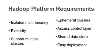 • Ephemeral clusters
• Access control layer
• Shared data store
• Easy deployment
Hadoop Platform Requirements
• Isolated multi-tenancy
• Elasticity
• Support multiple
clusters
 