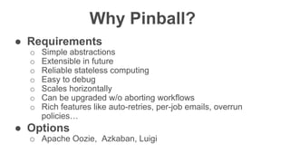 Confidentia
l
Why Pinball?
● Requirements
o Simple abstractions
o Extensible in future
o Reliable stateless computing
o Easy to debug
o Scales horizontally
o Can be upgraded w/o aborting workflows
o Rich features like auto-retries, per-job emails, overrun
policies…
● Options
o Apache Oozie, Azkaban, Luigi
 