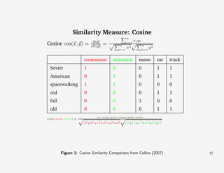 Similarity Measure: Cosine
Cosine cos(⃗ , ⃗ ) =
x y

⃗ ∗⃗
x y
|⃗ ||⃗|
x y

n

=

i=1
n
i=1

xi yi
n

x2

i=1

y2

cosmonaut

astronaut

moon

car

truck

Soviet

1

0

0

1

1

American

0

1

0

1

1

spacewalking

1

1

0

0

0

red

0

0

0

1

1

full

0

0

1

0

0

old

0

0

0

1

1

, xn )

cos(cosm, astr) =

1∗0+0∗1+1∗1+0∗0+0∗0+0∗0
12 +02 +12 +02 +02 +02

02 +12 +12 +02 +02 +02

Figure 1: Cosine Similarity Comparison from Collins (2007)

Outline

12

 