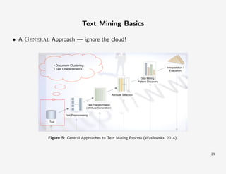 Text Mining Basics
• A General Approach — ignore Process
Text Mining the cloud!

• Document Clustering
• Text Characteristics

Interpretation /
Evaluation
Data Mining /
Pattern Discovery

Attribute Selection

Text Transformation
(Attribute Generation)
Text Preprocessing
Text

Figure 5: General Approaches to Text Mining Process (Wasilewska, 2014).

23

 