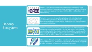 HBase is a non-relational database that allows for low-latency, quick
            lookups in Hadoop. It adds transactional capabilities to Hadoop, allowing
            users to conduct updates, inserts and deletes. EBay and Facebook use
            HBase heavily. .


            Flume is a framework for populating Hadoop with data. Agents are
            populated throughout ones IT infrastructure – inside web servers,
            application servers and mobile devices, for example – to collect data and
            integrate it into Hadoop.
Hadoop
Ecosystem   Oozie is a workflow processing system that lets users define a series of
            jobs written in multiple languages – such as Map Reduce, Pig and Hive --
            then intelligently link them to one another. Oozie allows users to specify,
            for example, that a particular query is only to be initiated after specified
            previous jobs on which it relies for data are completed


            Whirr is a set of libraries that allows users to easily spin-up Hadoop clusters
            on top of Amazon EC2, Rackspace or any virtual infrastructure. It supports
            all major virtualized infrastructure vendors on the market.
 
