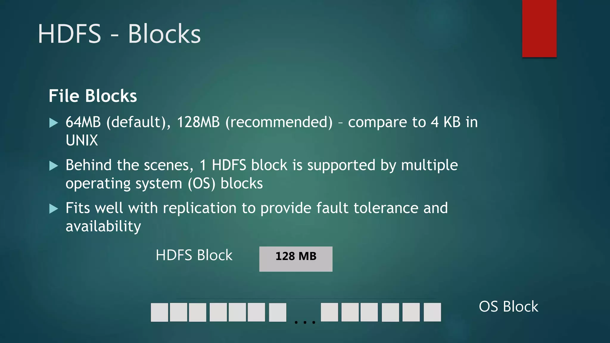 HDFS - Blocks
File Blocks
 64MB (default), 128MB (recommended) – compare to 4 KB in
UNIX
 Behind the scenes, 1 HDFS block is supported by multiple
operating system (OS) blocks
 Fits well with replication to provide fault tolerance and
availability
. . .
128 MB
OS Block
HDFS Block
 