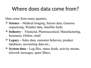Where does data come from?
Data come from many quarters.
 Science – Medical imaging, Sensor data, Genome
sequencing, Weather data, Satellite feeds
 Industry - Financial, Pharmaceutical, Manufacturing,
Insurance, Online, retail
 Legacy – Sales data, customer behavior, product
databases, accounting data etc.,
 System data – Log files, status feeds, activity stream,
network messages, spam filters.
 