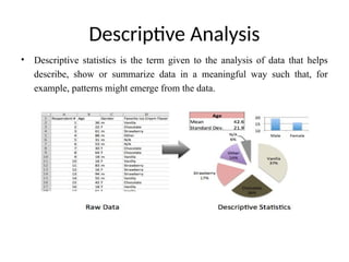 Descriptive Analysis
• Descriptive statistics is the term given to the analysis of data that helps
describe, show or summarize data in a meaningful way such that, for
example, patterns might emerge from the data.
 