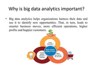 Why is big data analytics important?
• Big data analytics helps organizations harness their data and
use it to identify new opportunities. That, in turn, leads to
smarter business moves, more efficient operations, higher
profits and happier customers.
 