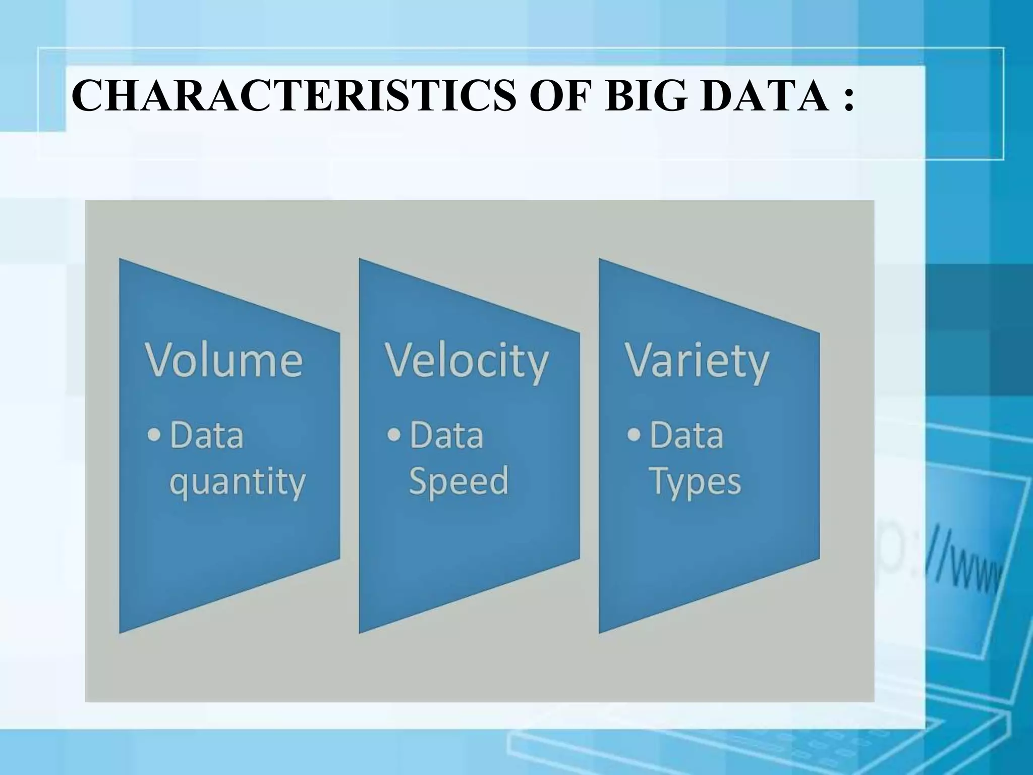 CHARACTERISTICS OF BIG DATA :
 