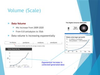 6
Volume (Scale)
 Data Volume
 44x increase from 2009 2020
 From 0.8 zettabytes to 35zb
 Data volume is increasing exponentially
Exponential increase in
collected/generated data
 