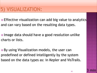  Effective visualization can add big value to analytics
and can vary based on the resulting data types.
 Image data should have a good resolution unlike
charts or lists.
 By using Visualization models, the user can
predefined or defined intelligently by the system
based on the data types as: in Kepler and VisTrails.
40 3 min
 