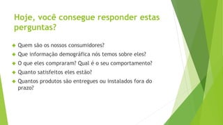 Hoje, você consegue responder estas 
perguntas? 
 Quem são os nossos consumidores? 
 Que informação demográfica nós temos sobre eles? 
 O que eles compraram? Qual é o seu comportamento? 
 Quanto satisfeitos eles estão? 
 Quantos produtos são entregues ou instalados fora do 
prazo? 
 