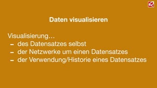 Daten visualisieren
Visualisierung…

- des Datensatzes selbst

- der Netzwerke um einen Datensatzes

- der Verwendung/Historie eines Datensatzes
 