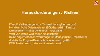 Herausforderungen / Risiken
IT nicht skalierbar genug / IT-Investitionszyklen zu groß

Herkömmliche Datenspeicher (SQL-based) im Einsatz

Management + Mitarbeiter nicht “digitalisiert”

Wert von Daten wird falsch eingeschätzt

Keine angemessenen Werkzeuge für Management + Mitarbeiter

Juristische Fragen (Datenschutz usw.) nicht geklärt

IT-Sicherheit nicht, oder nicht ausreichend
 
