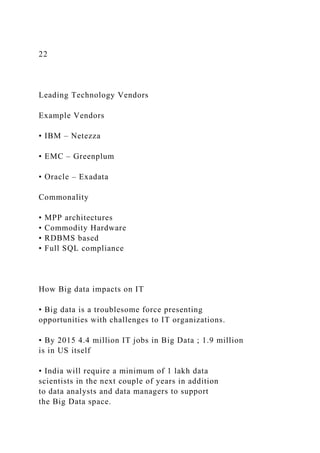 22
Leading Technology Vendors
Example Vendors
• IBM – Netezza
• EMC – Greenplum
• Oracle – Exadata
Commonality
• MPP architectures
• Commodity Hardware
• RDBMS based
• Full SQL compliance
How Big data impacts on IT
• Big data is a troublesome force presenting
opportunities with challenges to IT organizations.
• By 2015 4.4 million IT jobs in Big Data ; 1.9 million
is in US itself
• India will require a minimum of 1 lakh data
scientists in the next couple of years in addition
to data analysts and data managers to support
the Big Data space.
 