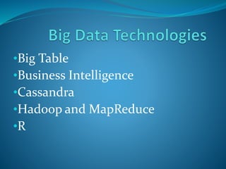 •Big Table 
•Business Intelligence 
•Cassandra 
•Hadoop and MapReduce 
•R 
 