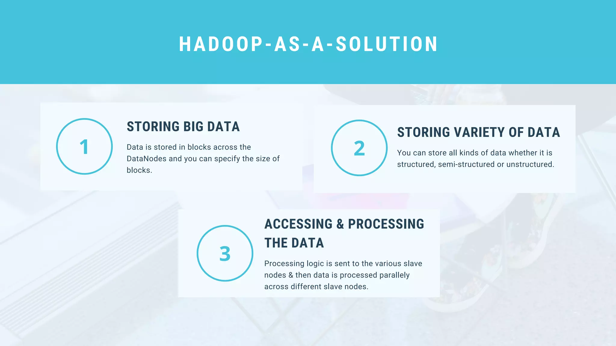 STORING BIG DATA
Data is stored in blocks across the
DataNodes and you can specify the size of
blocks.
ACCESSING & PROCESSING
THE DATA
Processing logic is sent to the various slave
nodes & then data is processed parallely
across different slave nodes.
STORING VARIETY OF DATA
You can store all kinds of data whether it is
structured, semi-structured or unstructured.
HADOOP-AS-A-SOLUTION
 