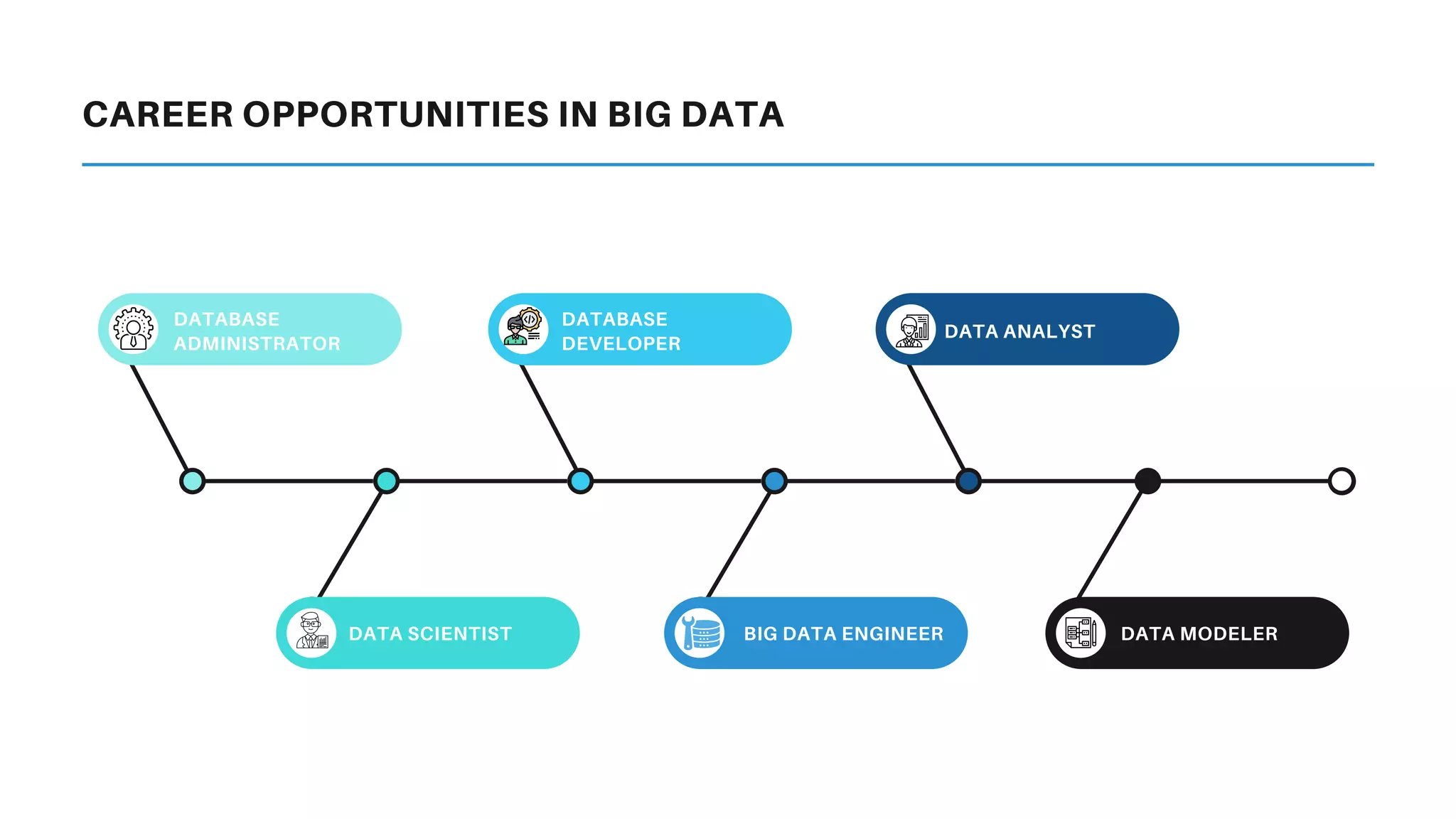 CAREER OPPORTUNITIES IN BIG DATA
DATABASE
ADMINISTRATOR
DATABASE
DEVELOPER
DATA ANALYST
DATA SCIENTIST BIG DATA ENGINEER DATA MODELER
 