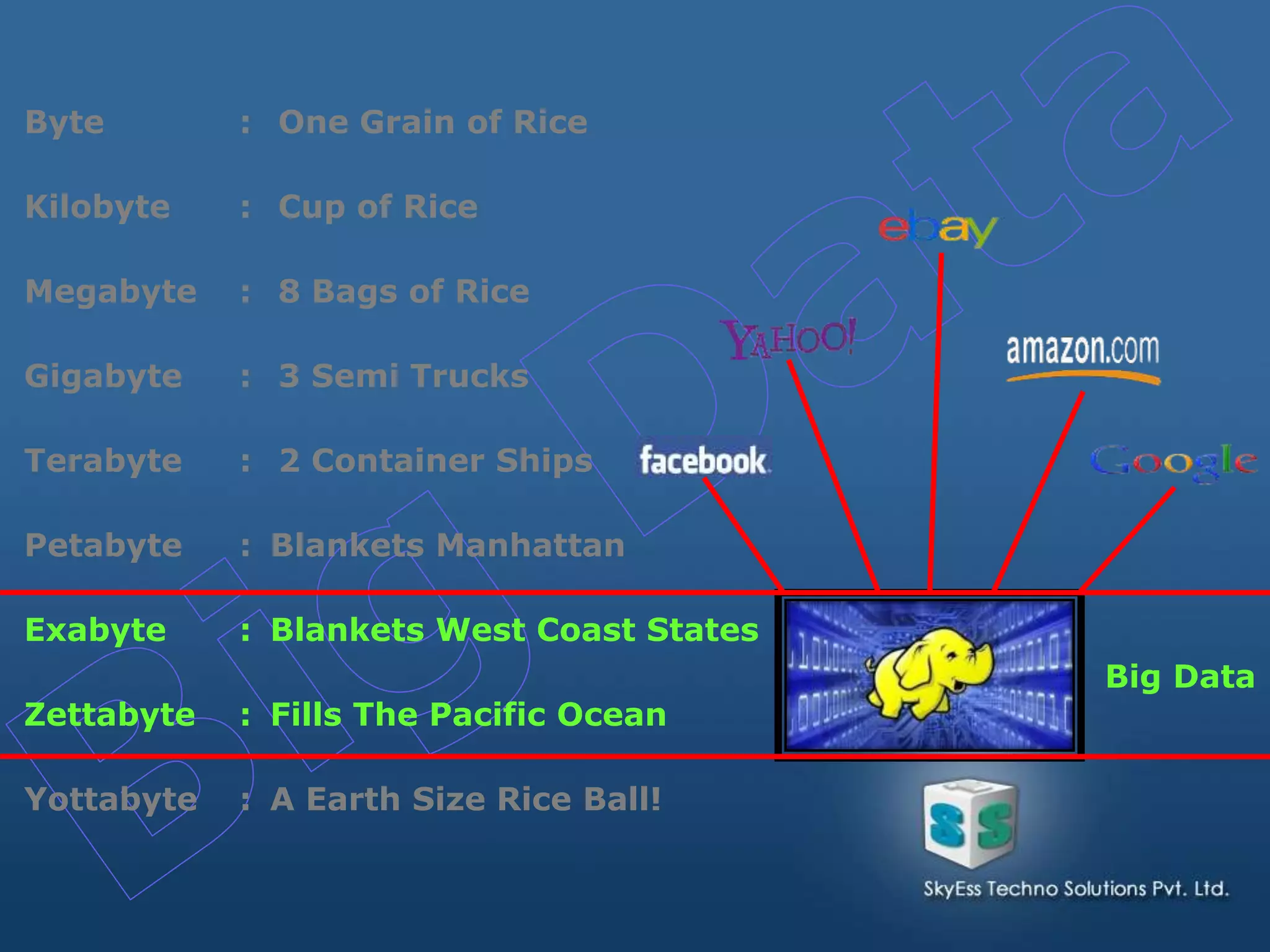 Byte : One Grain of Rice
Kilobyte : Cup of Rice
Megabyte : 8 Bags of Rice
Gigabyte : 3 Semi Trucks
Terabyte : 2 Container Ships
Petabyte : Blankets Manhattan
Exabyte : Blankets West Coast States
Zettabyte : Fills The Pacific Ocean
Yottabyte : A Earth Size Rice Ball!
Big Data
 