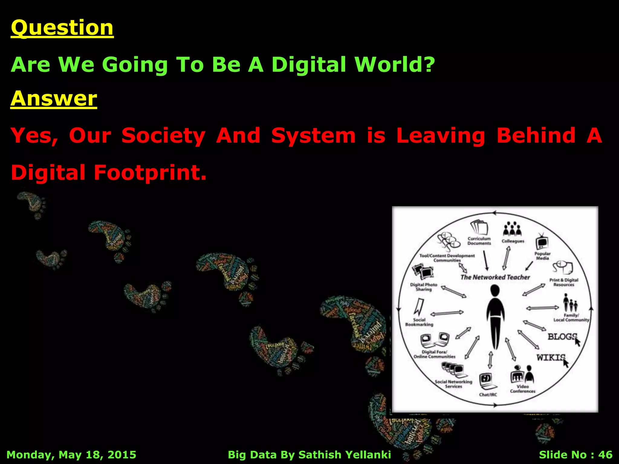 Answer
Yes, Our Society And System is Leaving Behind A
Digital Footprint.
Monday, May 18, 2015 Big Data By Sathish Yellanki Slide No : 46
Question
Are We Going To Be A Digital World?
 
