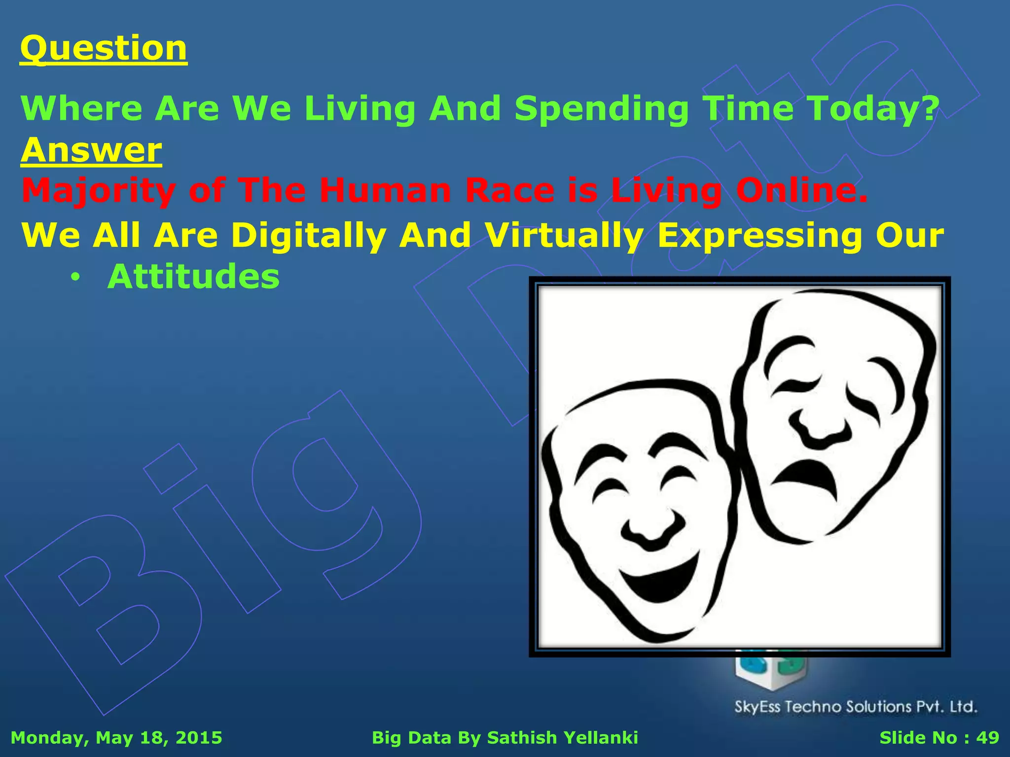 Monday, May 18, 2015 Big Data By Sathish Yellanki Slide No : 49
Answer
Majority of The Human Race is Living Online.
Question
Where Are We Living And Spending Time Today?
We All Are Digitally And Virtually Expressing Our
• Attitudes
 