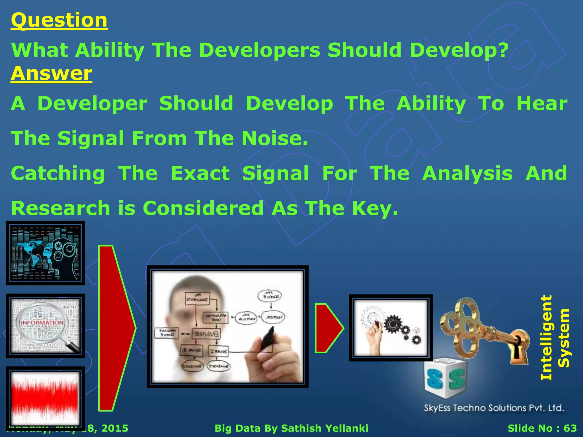 Monday, May 18, 2015 Big Data By Sathish Yellanki Slide No : 63
Answer
A Developer Should Develop The Ability To Hear
The Signal From The Noise.
Catching The Exact Signal For The Analysis And
Research is Considered As The Key.
Question
What Ability The Developers Should Develop?
Intelligent
System
 