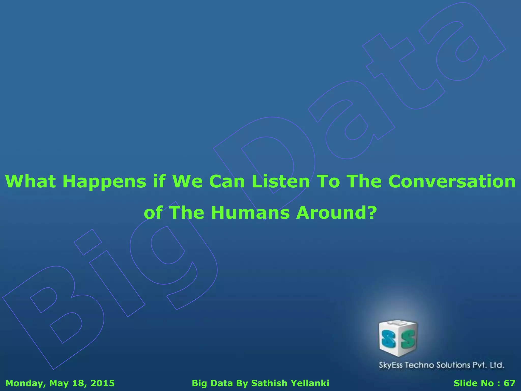 Monday, May 18, 2015 Big Data By Sathish Yellanki Slide No : 67
What Happens if We Can Listen To The Conversation
of The Humans Around?
 