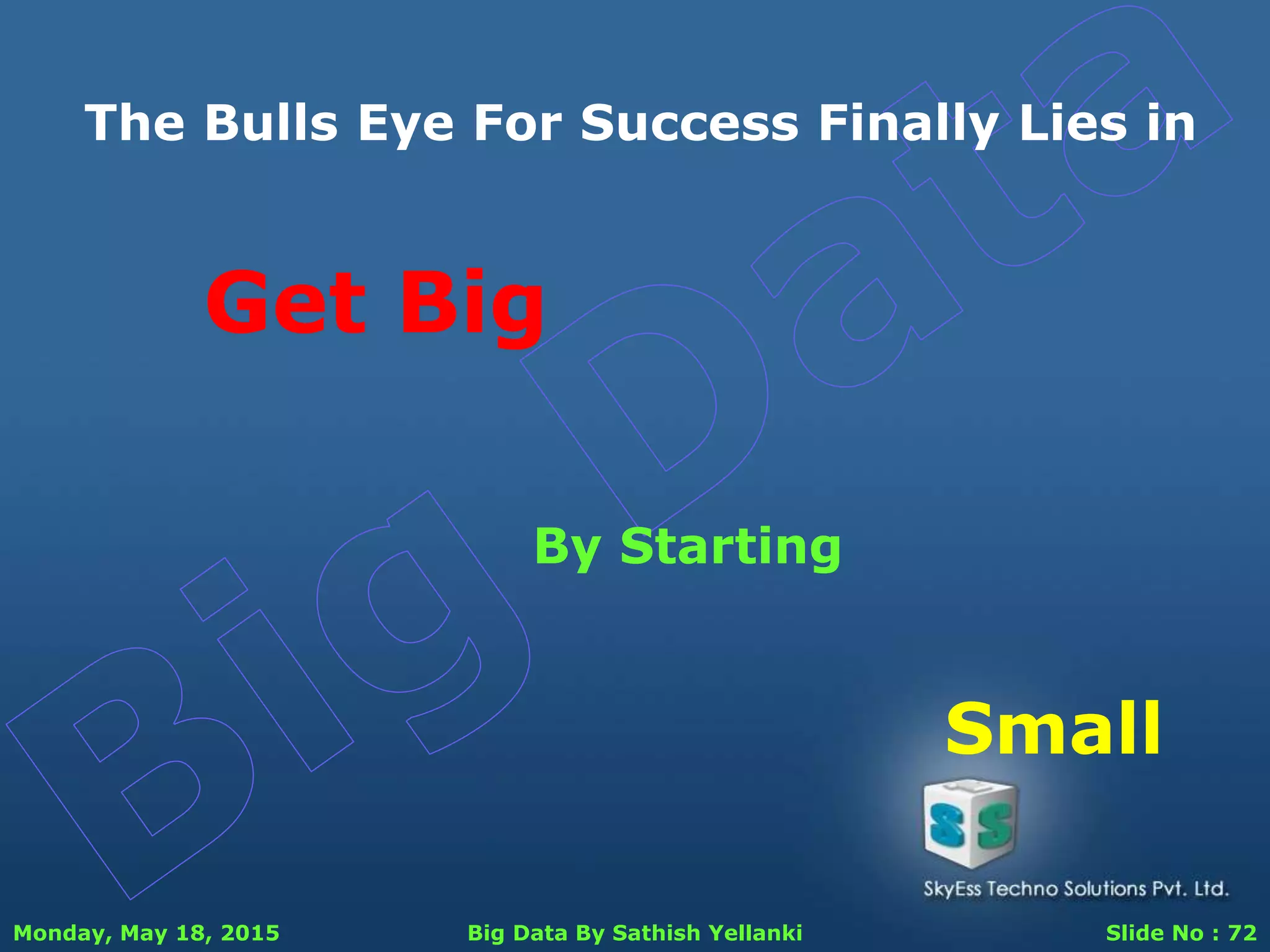 Monday, May 18, 2015 Big Data By Sathish Yellanki Slide No : 72
Get Big
The Bulls Eye For Success Finally Lies in
By Starting
Small
 