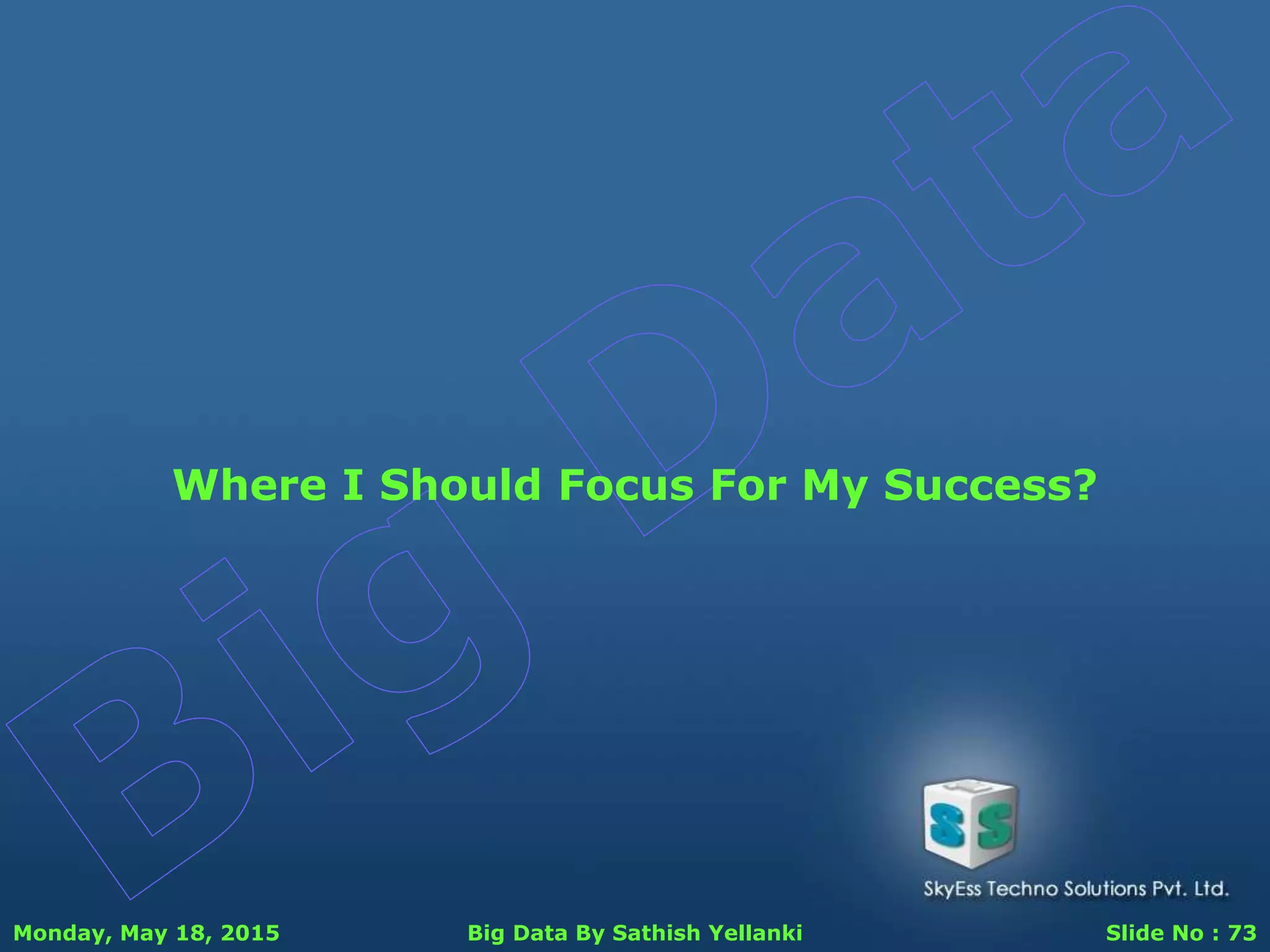 Monday, May 18, 2015 Big Data By Sathish Yellanki Slide No : 73
Where I Should Focus For My Success?
 