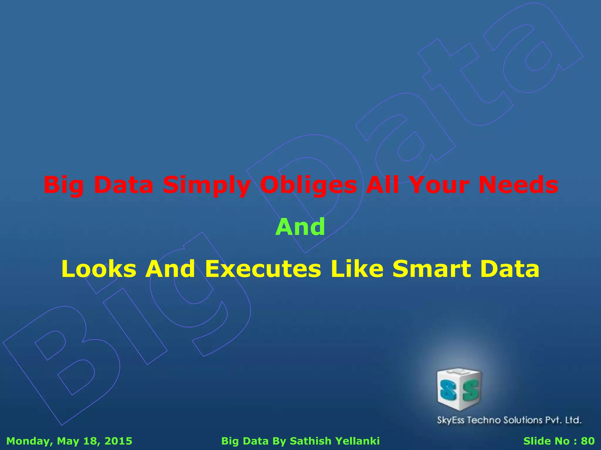 Monday, May 18, 2015 Big Data By Sathish Yellanki Slide No : 80
Big Data Simply Obliges All Your Needs
And
Looks And Executes Like Smart Data
 