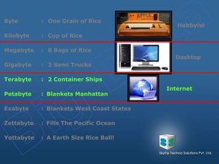 Byte : One Grain of Rice
Kilobyte : Cup of Rice
Megabyte : 8 Bags of Rice
Gigabyte : 3 Semi Trucks
Terabyte : 2 Container Ships
Petabyte : Blankets Manhattan
Exabyte : Blankets West Coast States
Zettabyte : Fills The Pacific Ocean
Yottabyte : A Earth Size Rice Ball!
Hobbyist
Desktop
Internet
 