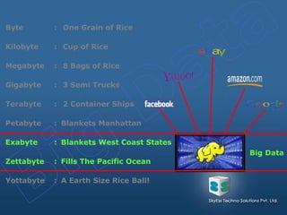 Byte : One Grain of Rice
Kilobyte : Cup of Rice
Megabyte : 8 Bags of Rice
Gigabyte : 3 Semi Trucks
Terabyte : 2 Container Ships
Petabyte : Blankets Manhattan
Exabyte : Blankets West Coast States
Zettabyte : Fills The Pacific Ocean
Yottabyte : A Earth Size Rice Ball!
Big Data
 