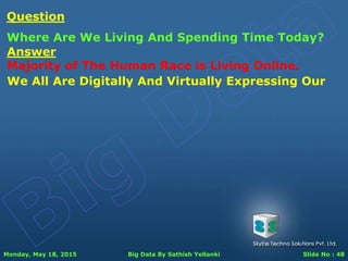 Monday, May 18, 2015 Big Data By Sathish Yellanki Slide No : 48
Answer
Majority of The Human Race is Living Online.
Question
Where Are We Living And Spending Time Today?
We All Are Digitally And Virtually Expressing Our
 