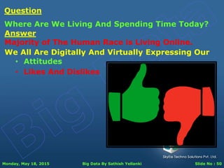 Monday, May 18, 2015 Big Data By Sathish Yellanki Slide No : 50
Answer
Majority of The Human Race is Living Online.
Question
Where Are We Living And Spending Time Today?
We All Are Digitally And Virtually Expressing Our
• Attitudes
• Likes And Dislikes
 