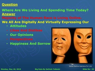 Monday, May 18, 2015 Big Data By Sathish Yellanki Slide No : 53
Answer
Majority of The Human Race is Living Online.
Question
Where Are We Living And Spending Time Today?
We All Are Digitally And Virtually Expressing Our
• Attitudes
• Likes And Dislikes
• Our Opinions
• Perspectives
• Happiness And Sorrow
 
