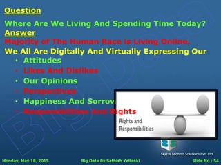 Monday, May 18, 2015 Big Data By Sathish Yellanki Slide No : 54
Answer
Majority of The Human Race is Living Online.
Question
Where Are We Living And Spending Time Today?
We All Are Digitally And Virtually Expressing Our
• Attitudes
• Likes And Dislikes
• Our Opinions
• Perspectives
• Happiness And Sorrow
• Responsibilities And Rights
 