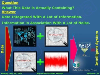 Monday, May 18, 2015 Big Data By Sathish Yellanki Slide No : 62
Question
What This Data is Actually Containing?
Answer
Data Integrated With A Lot of Information.
Information in Association With A Lot of Noise.
Data
IntelligentSystem
 